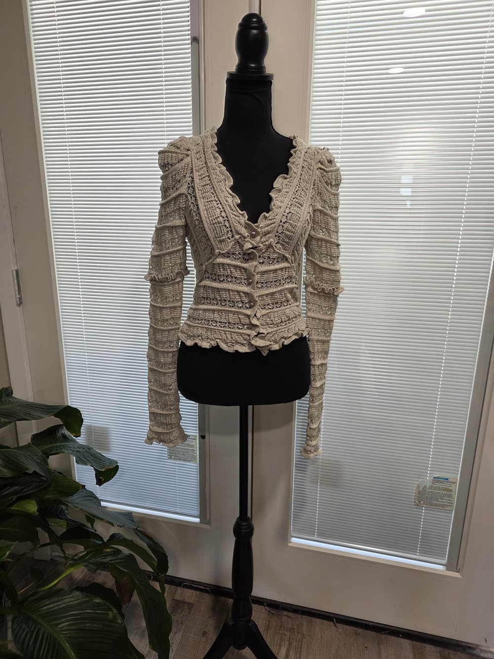 Free People Cream Crochet Ruffle Button-Front Cardigan